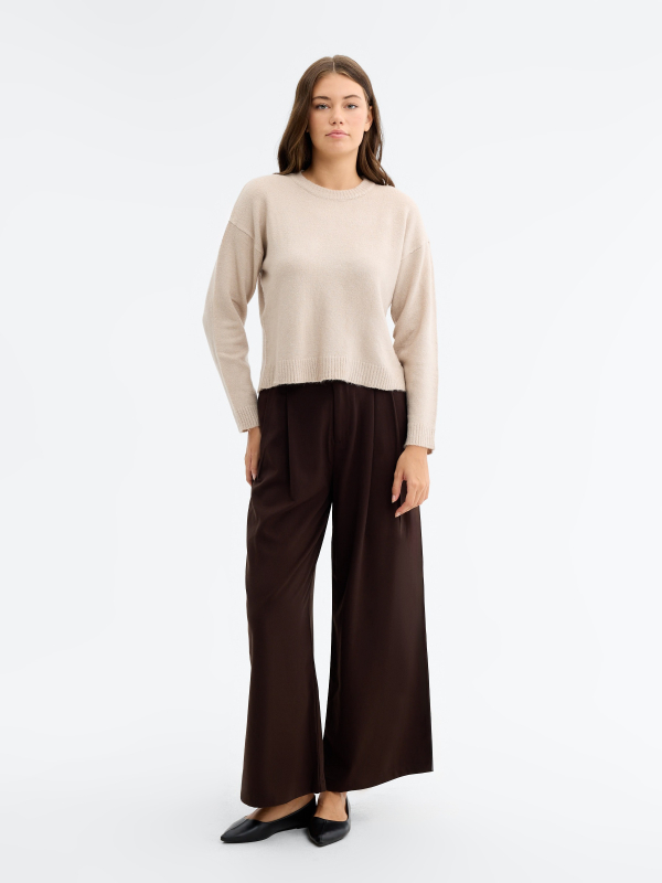High-waisted wide-leg pleated pants chocolate front view