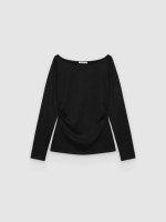 %Pto% Camiseta franzida de manga longa preto vista frontal