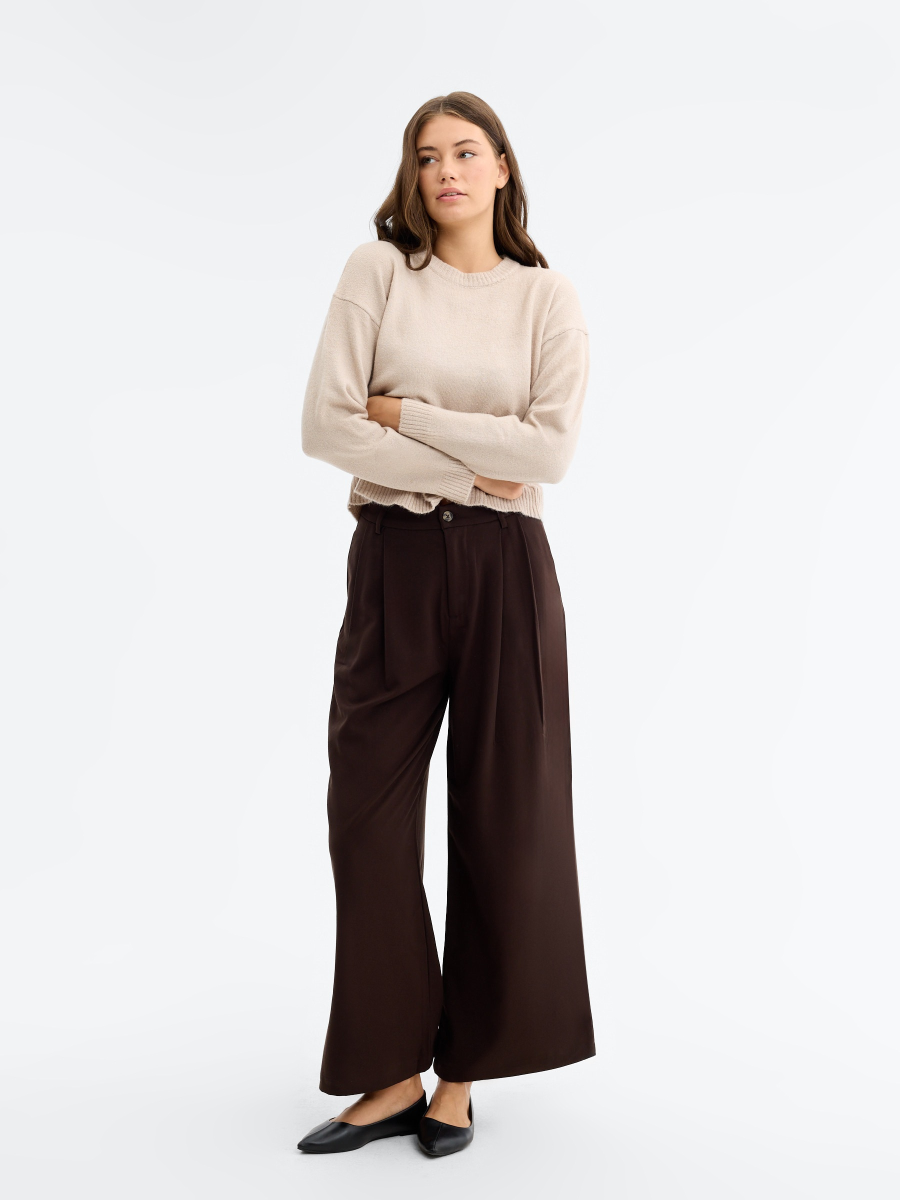 Pantalón pinzas wide leg tiro alto chocolate vista general frontal