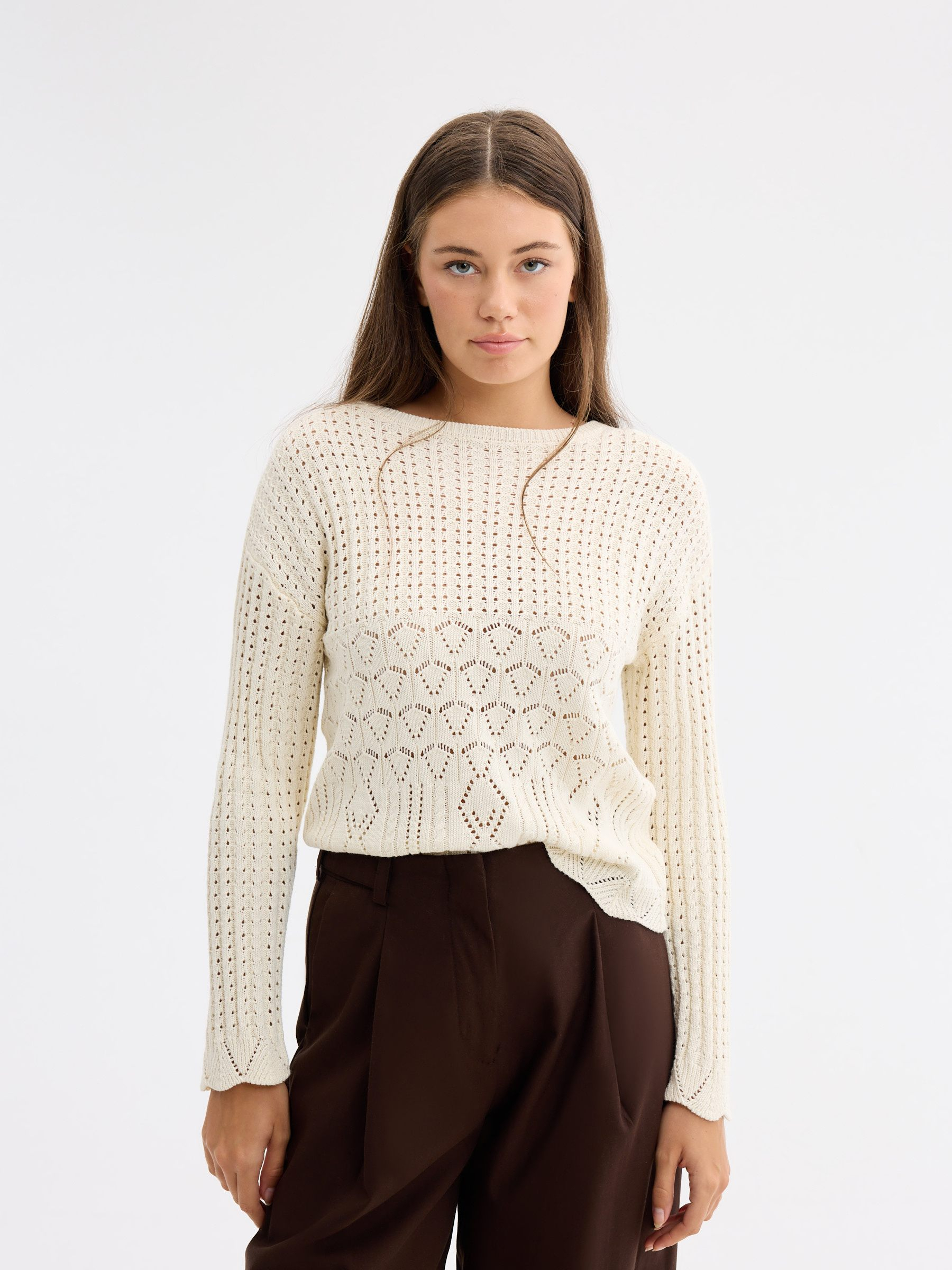 Long sleeve open knit sweater raw middle front view