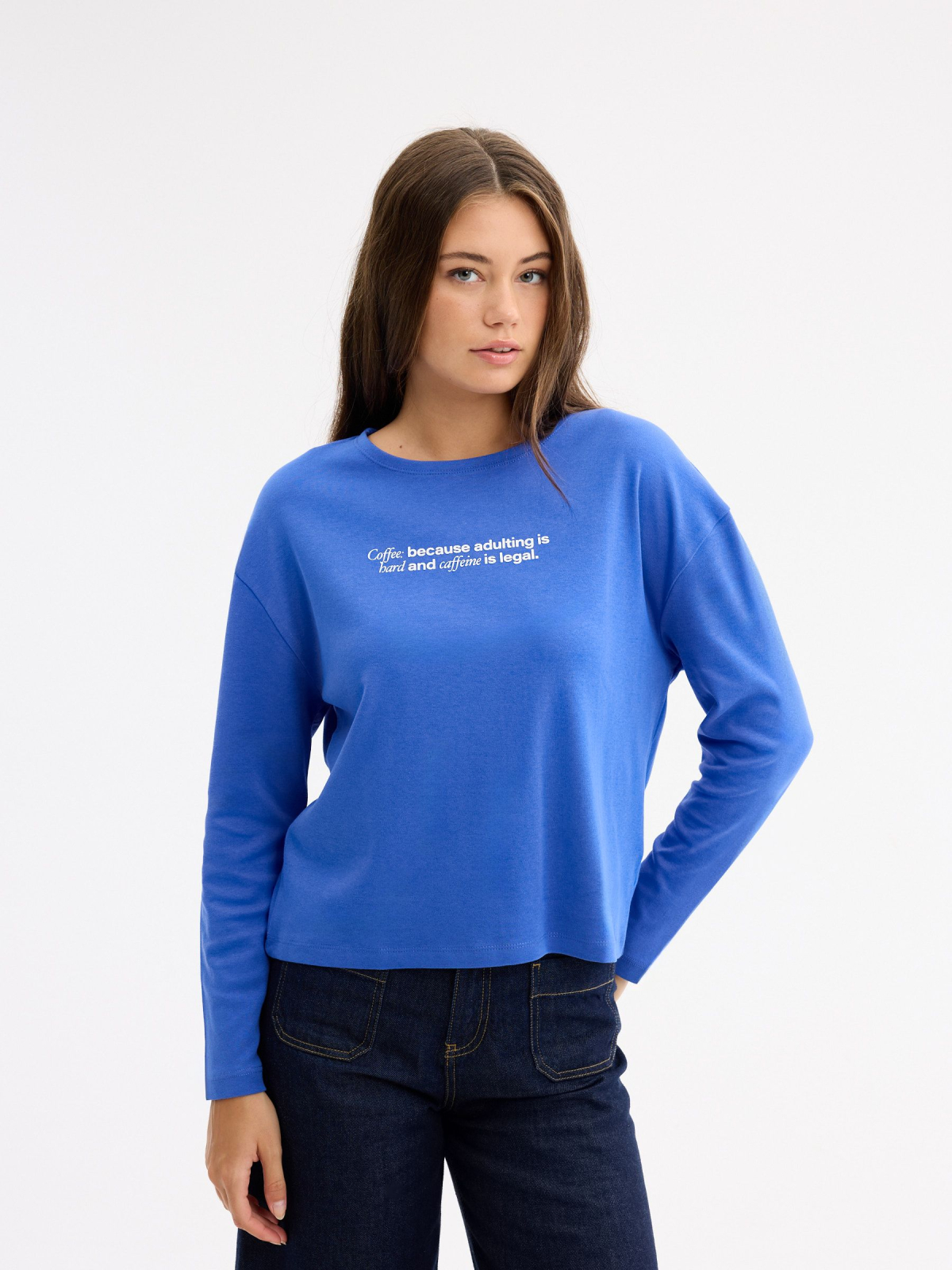 Long sleeve print T-shirt electric blue middle front view