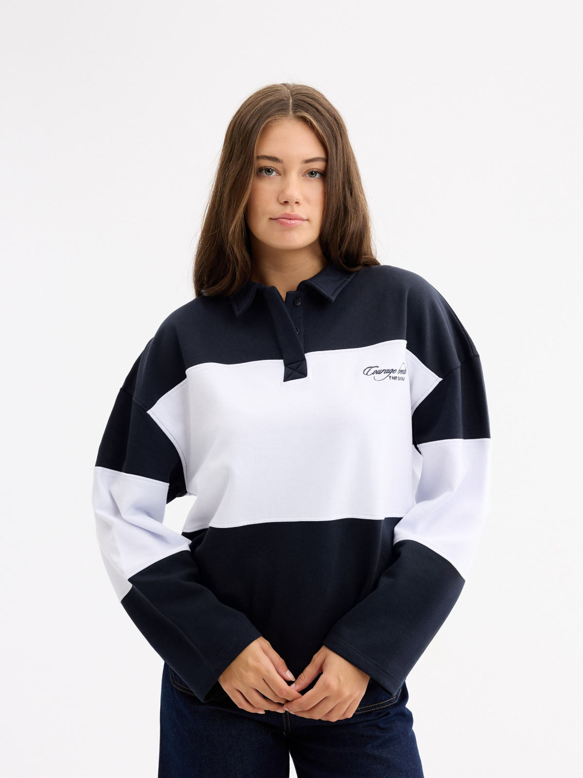 Sudadera cuello polo paneles azul marino vista media frontal
