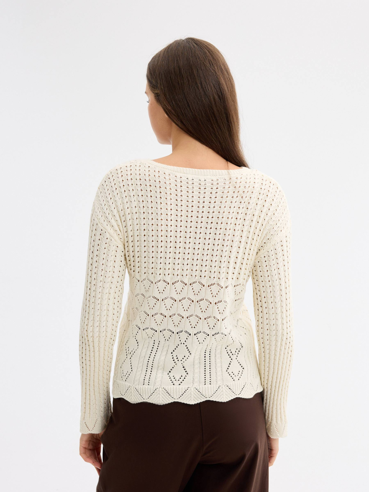 Long sleeve open knit sweater raw middle back view