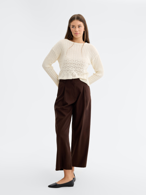 Long sleeve open knit sweater raw front view