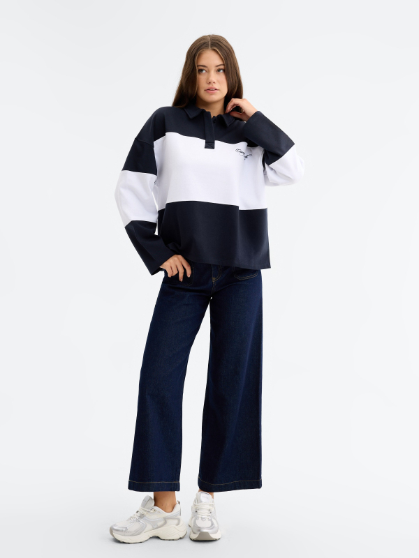 Sweatshirt gola polo com painéis azul marinho vista geral frontal