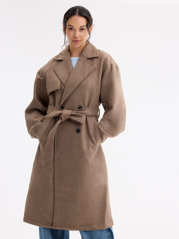 Trench midi cinto marrom escuro vista geral frontal