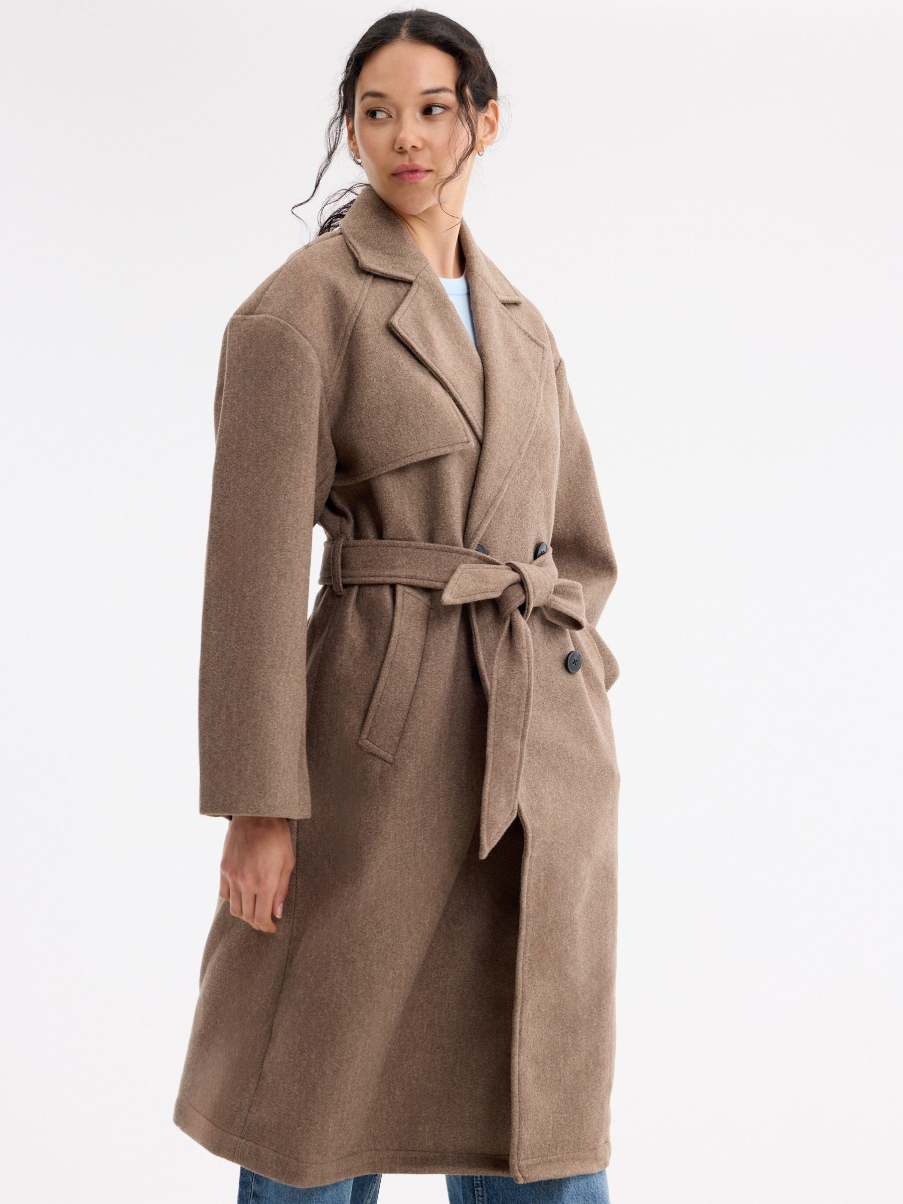 Trench midi cinto marrom escuro vista meia frontal