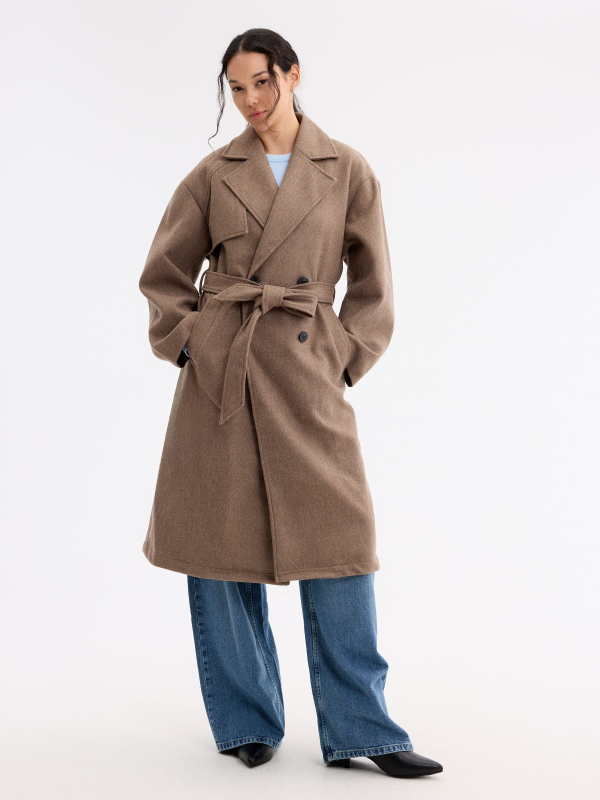 Trench midi cinto marrom escuro vista detalhe