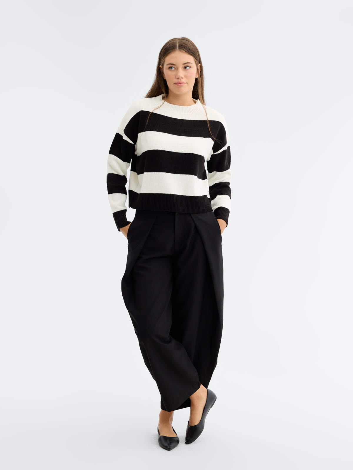 Striped Round Neck Sweater white front view