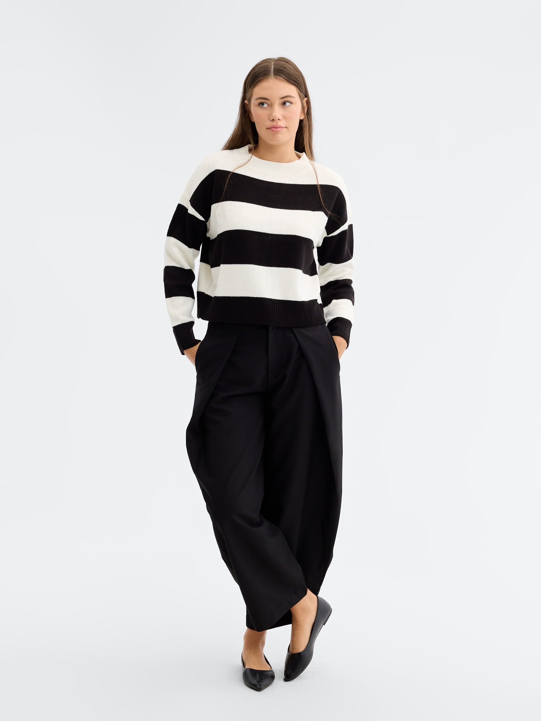 Striped Round Neck Sweater white middle front view