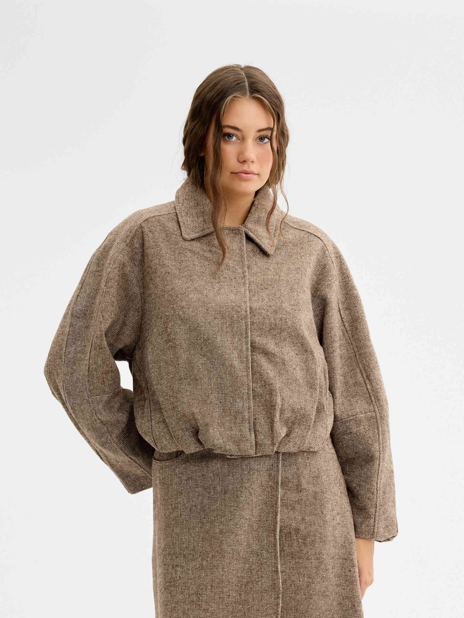 Herringbone tweed bomber brown middle front view