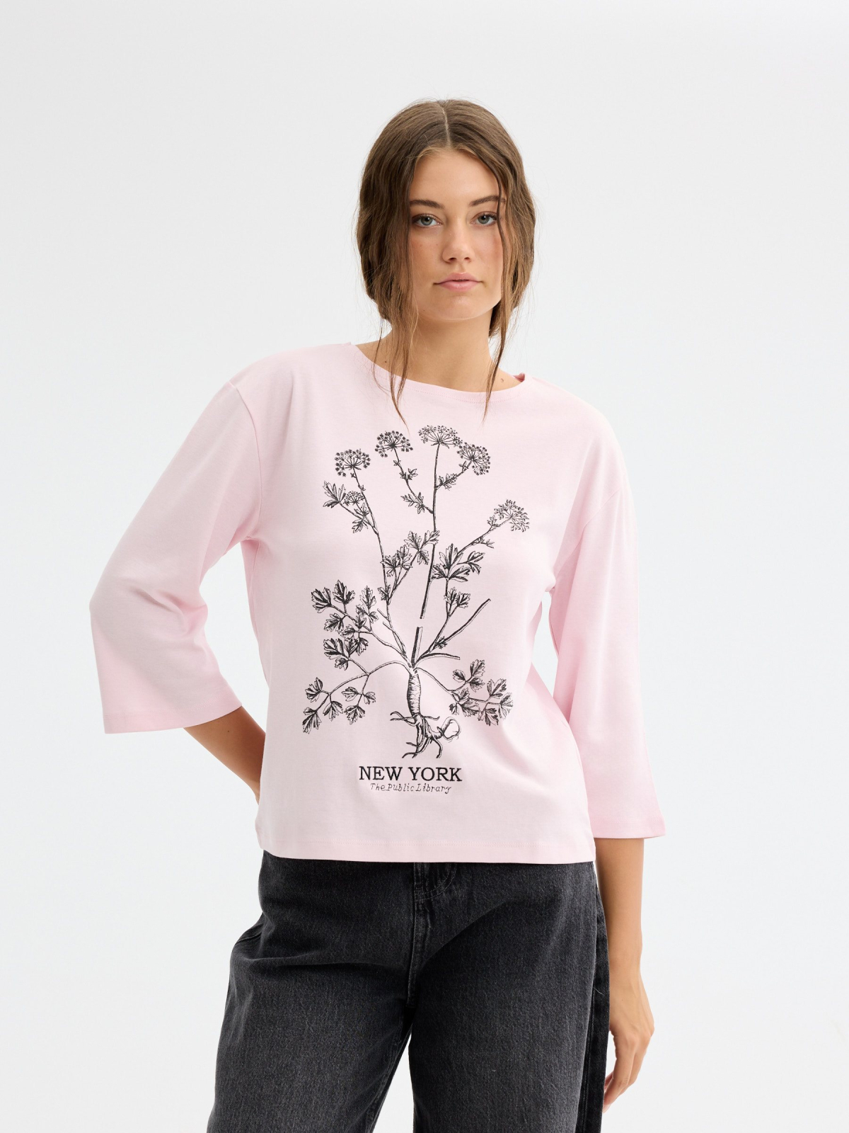 Boat Neck Printed T-Shirt light pink middle front view