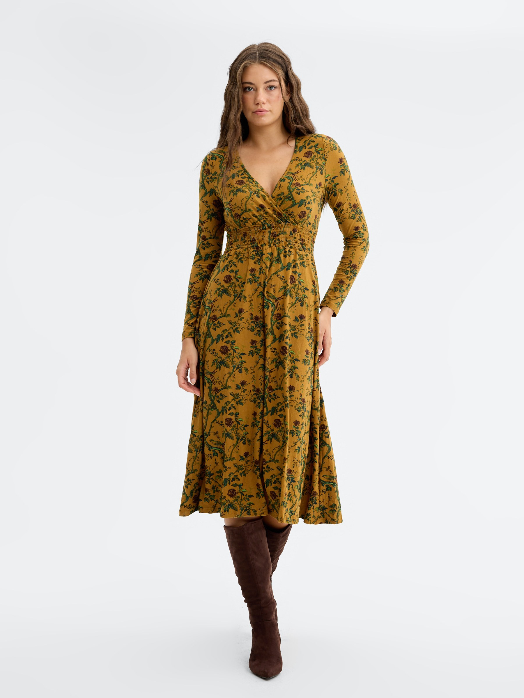 Floral crossover midi dress camel middle front view