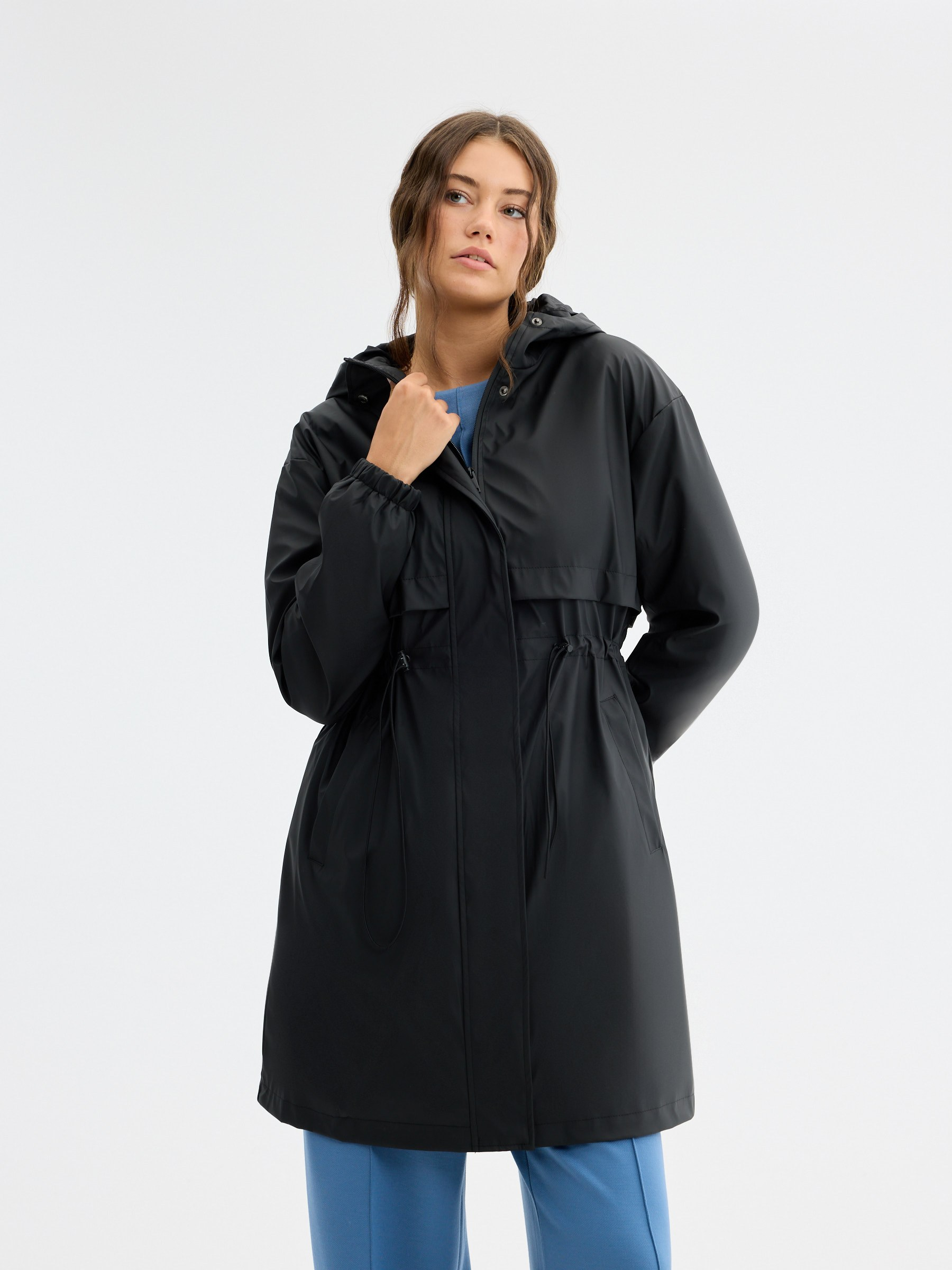 Rubberized parka with hood black middle front view