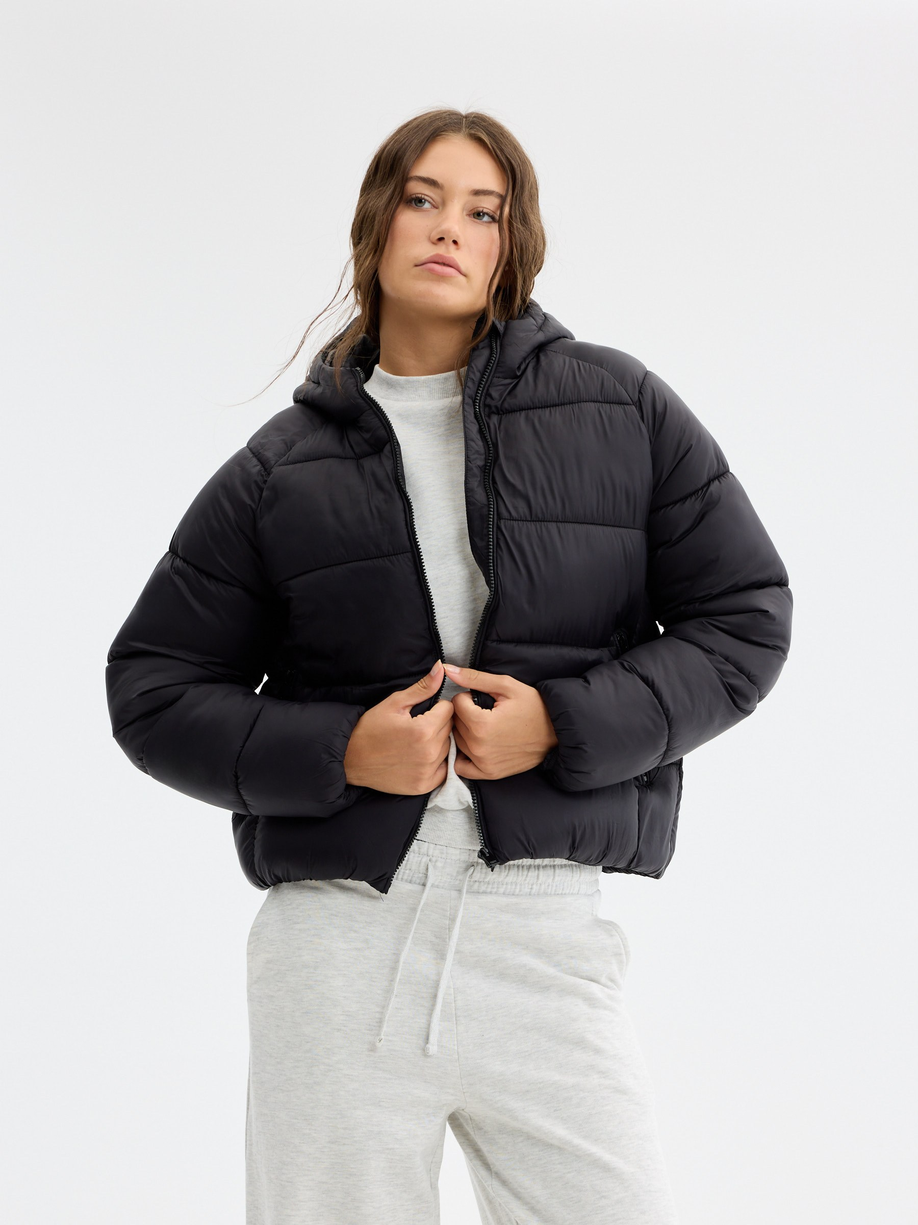 Quilted nylon hooded jacket black middle front view
