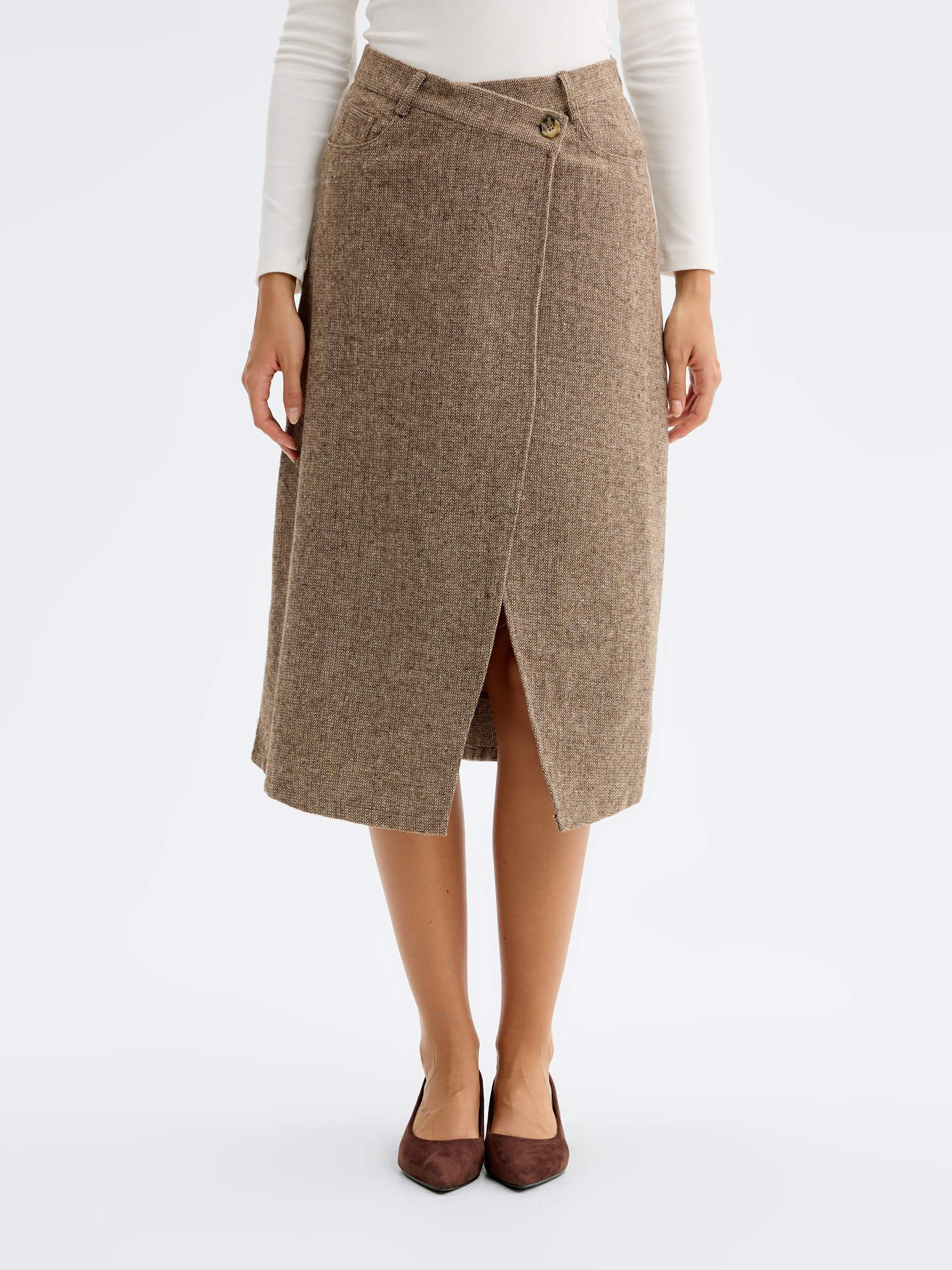 Asymmetrical midi tweed skirt brown middle front view