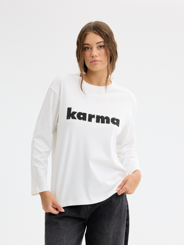 T-shirt manga comprida print karma branco vista meia frontal