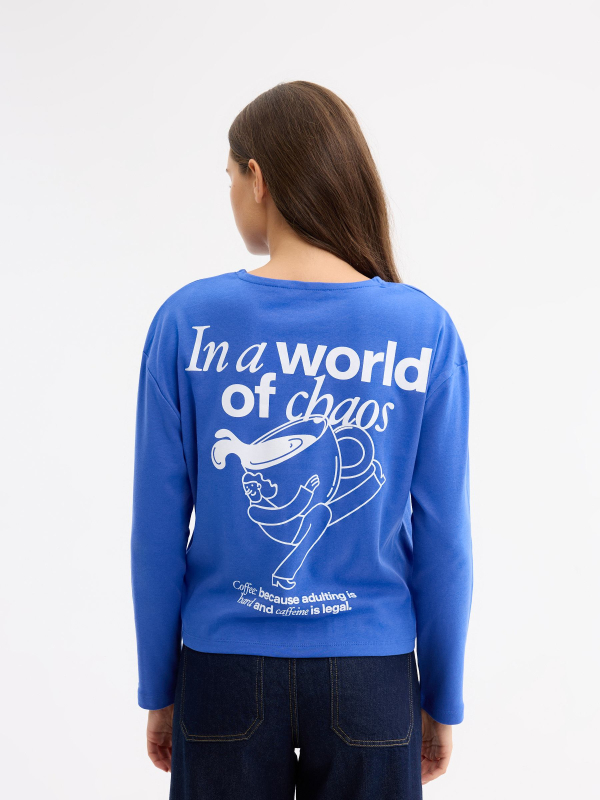 Long sleeve print T-shirt electric blue middle back view