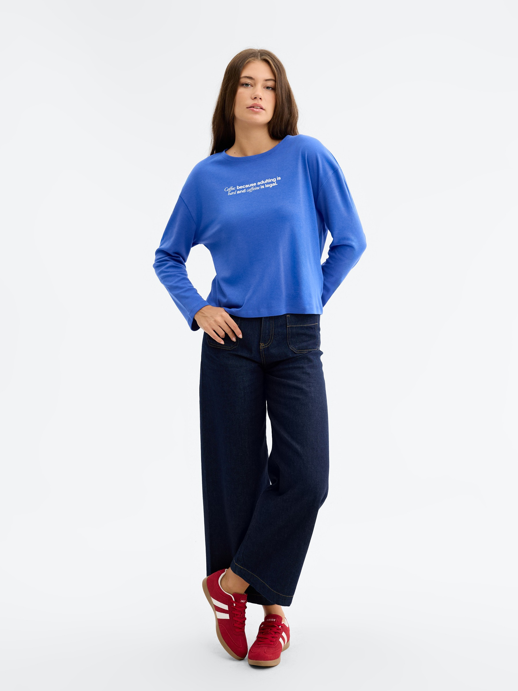 Long sleeve print T-shirt electric blue middle front view