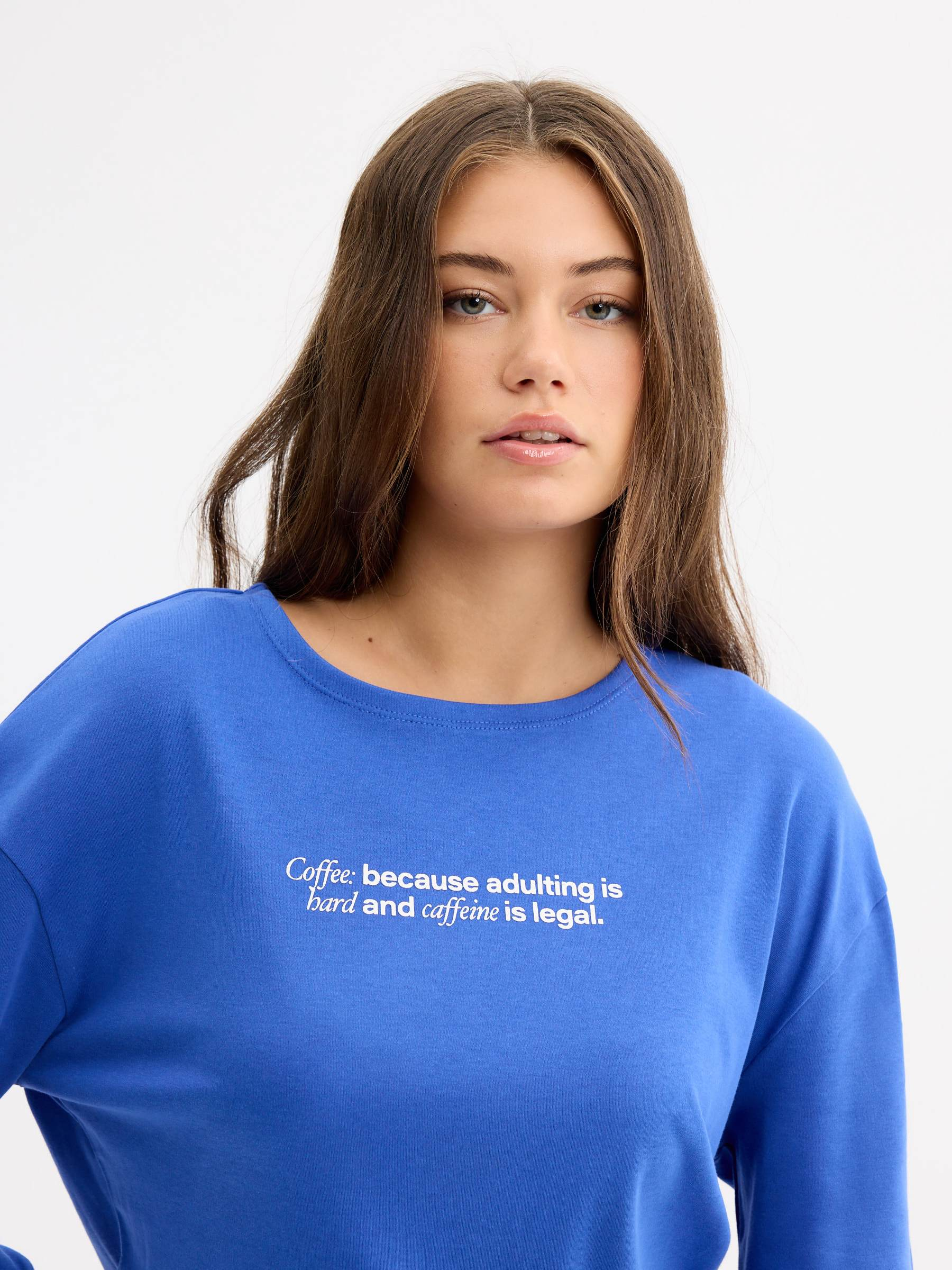 Long sleeve print T-shirt electric blue middle front view