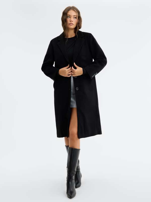 Long wool coat black detail view