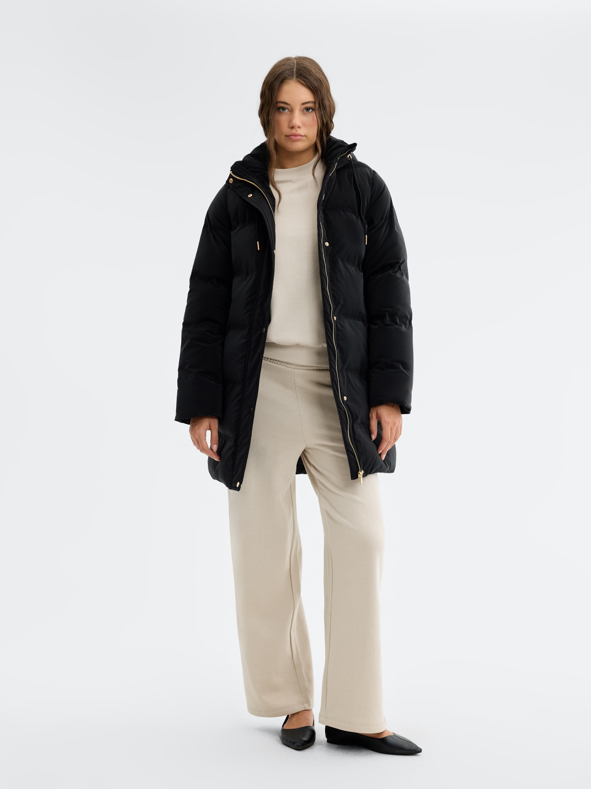 Quilted hooded anorak black front view