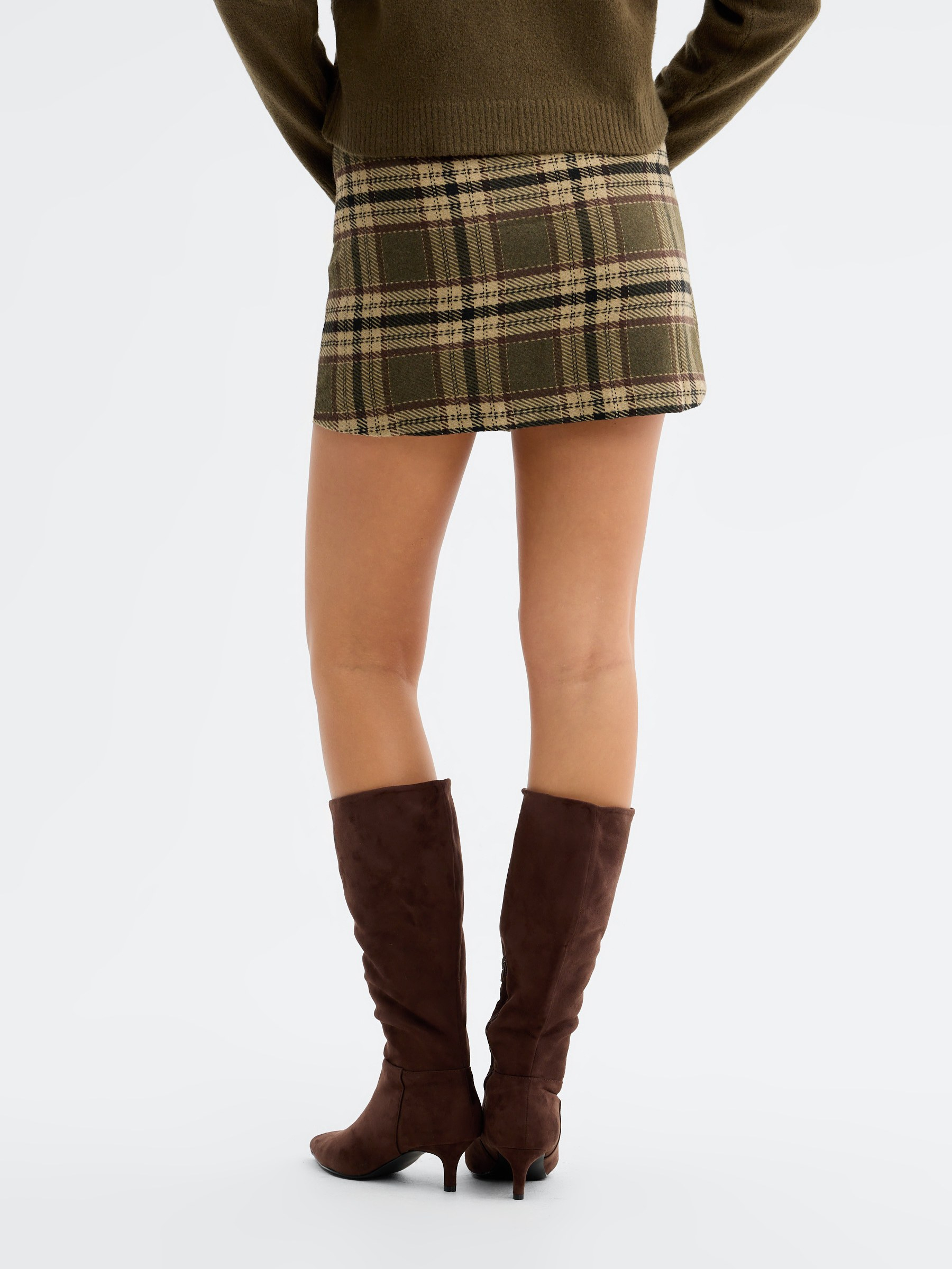 Plaid mini skirt with bows tailoring khaki middle front view