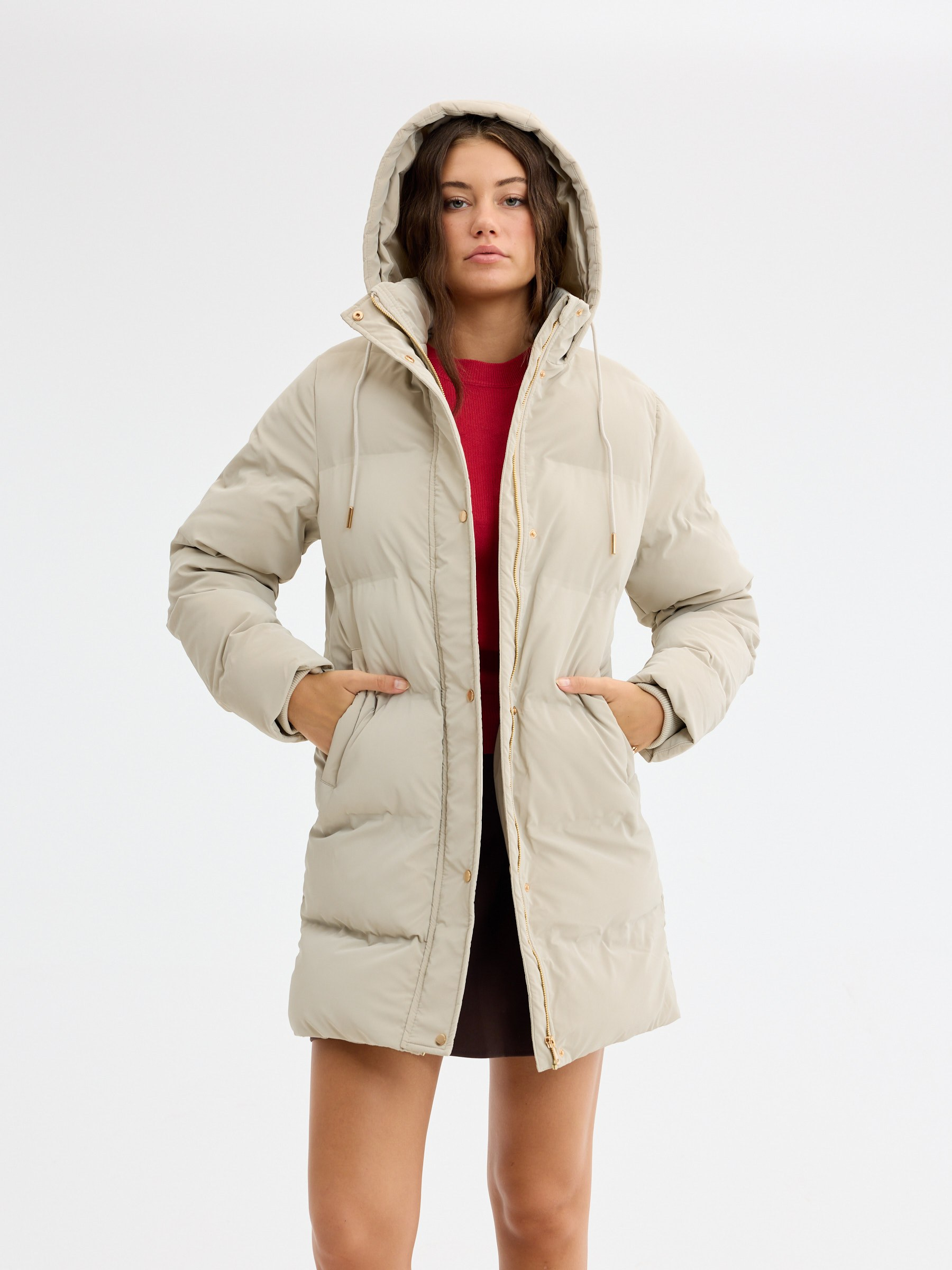 Quilted hooded anorak taupe middle front view