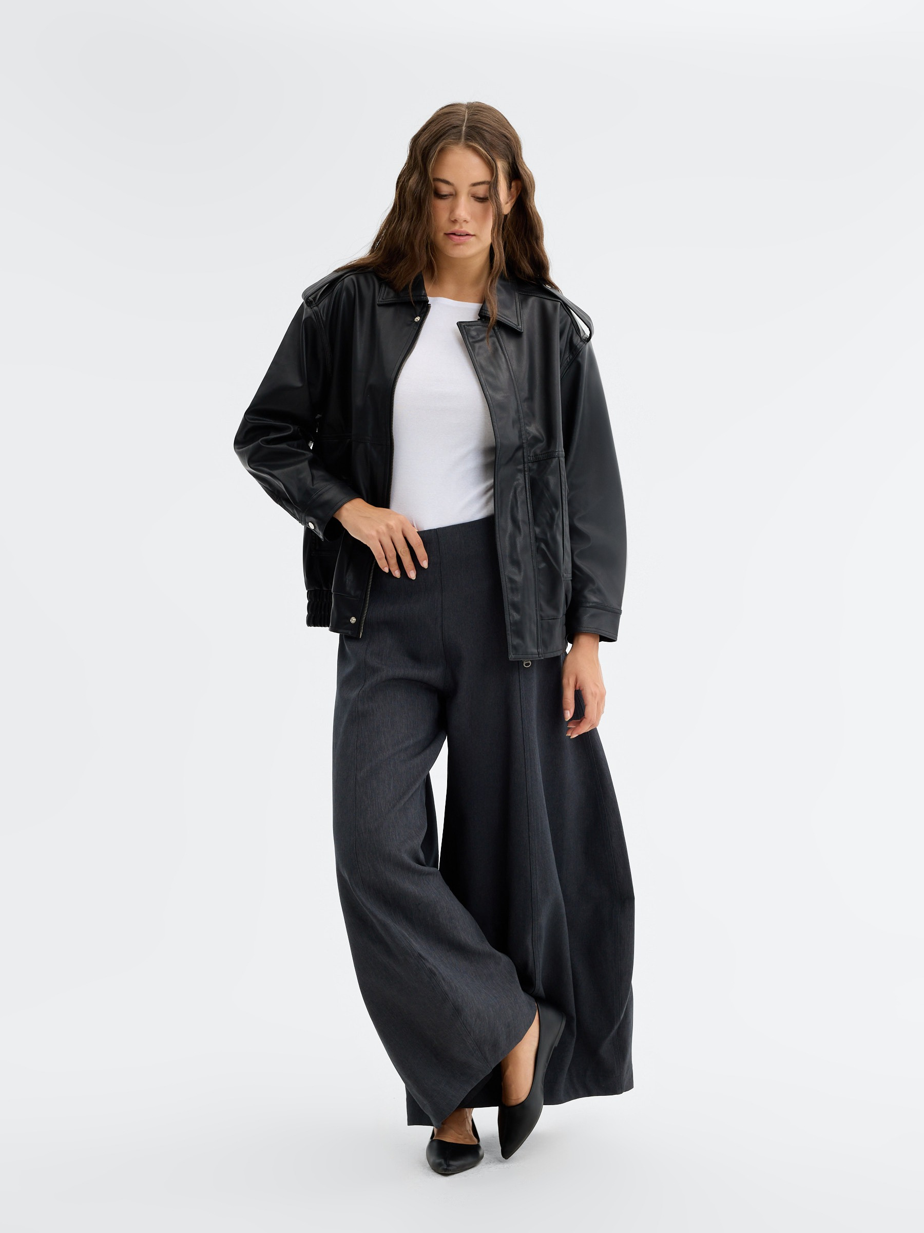 Oversized biker faux leather jacket black middle front view