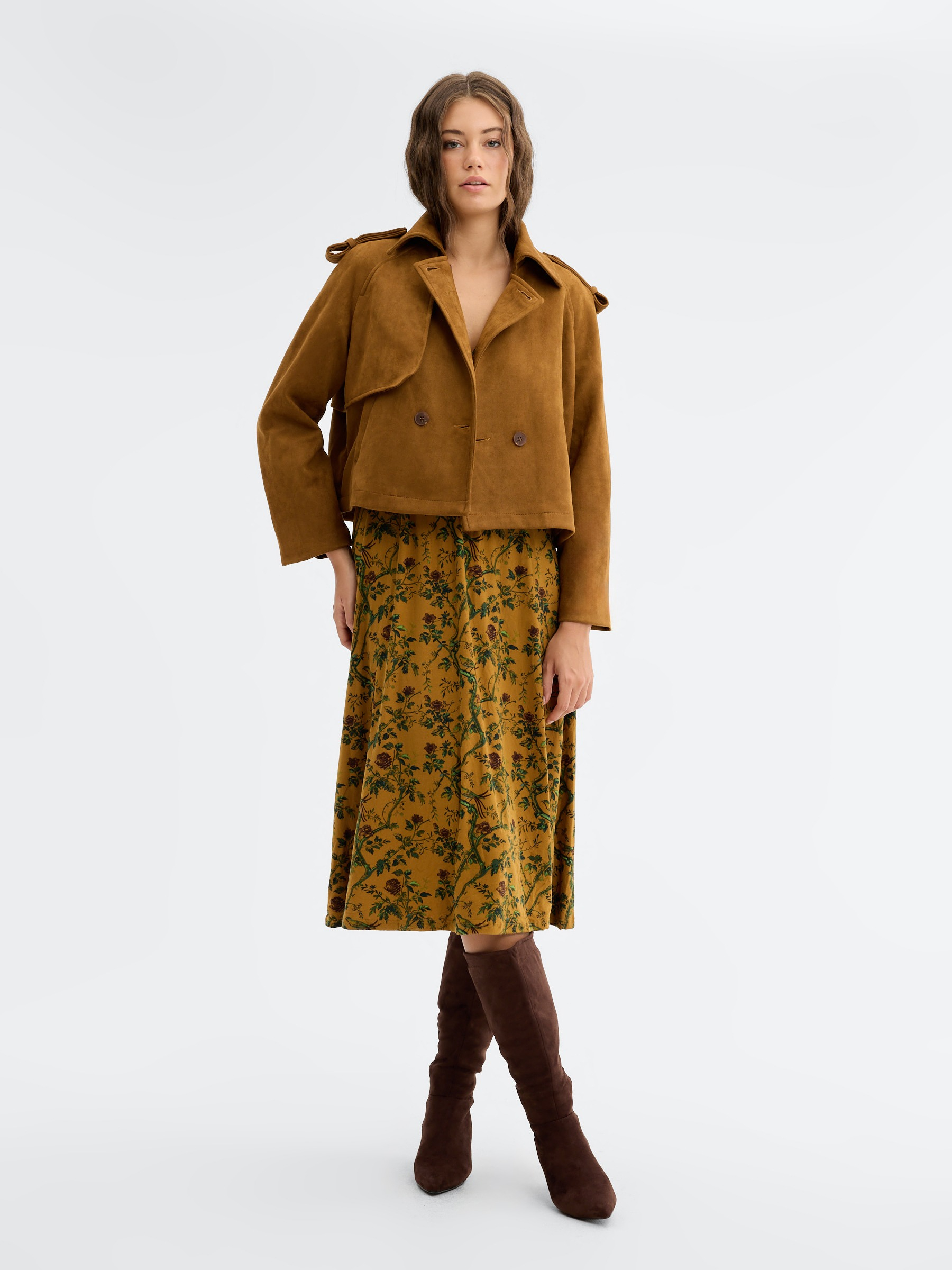 Short suede trench coat dark brown middle front view