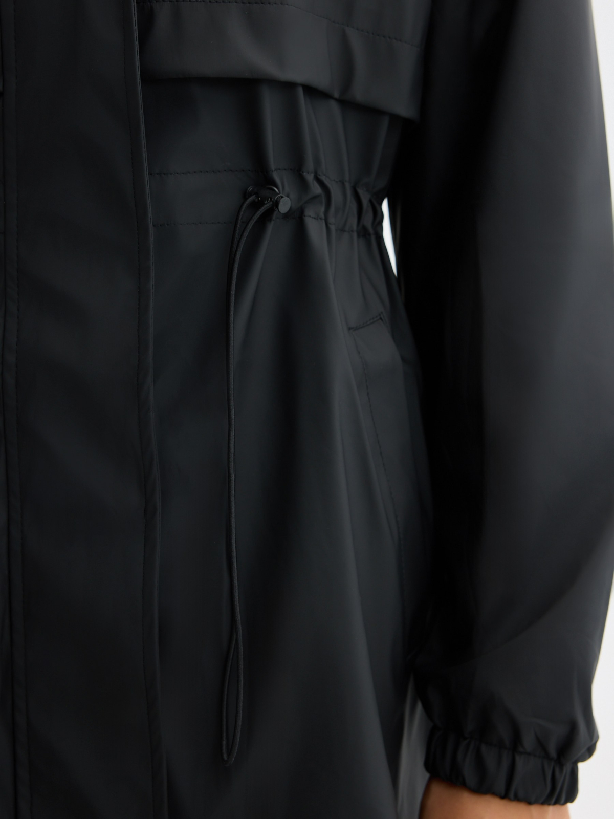 Rubberized parka with hood black detail view