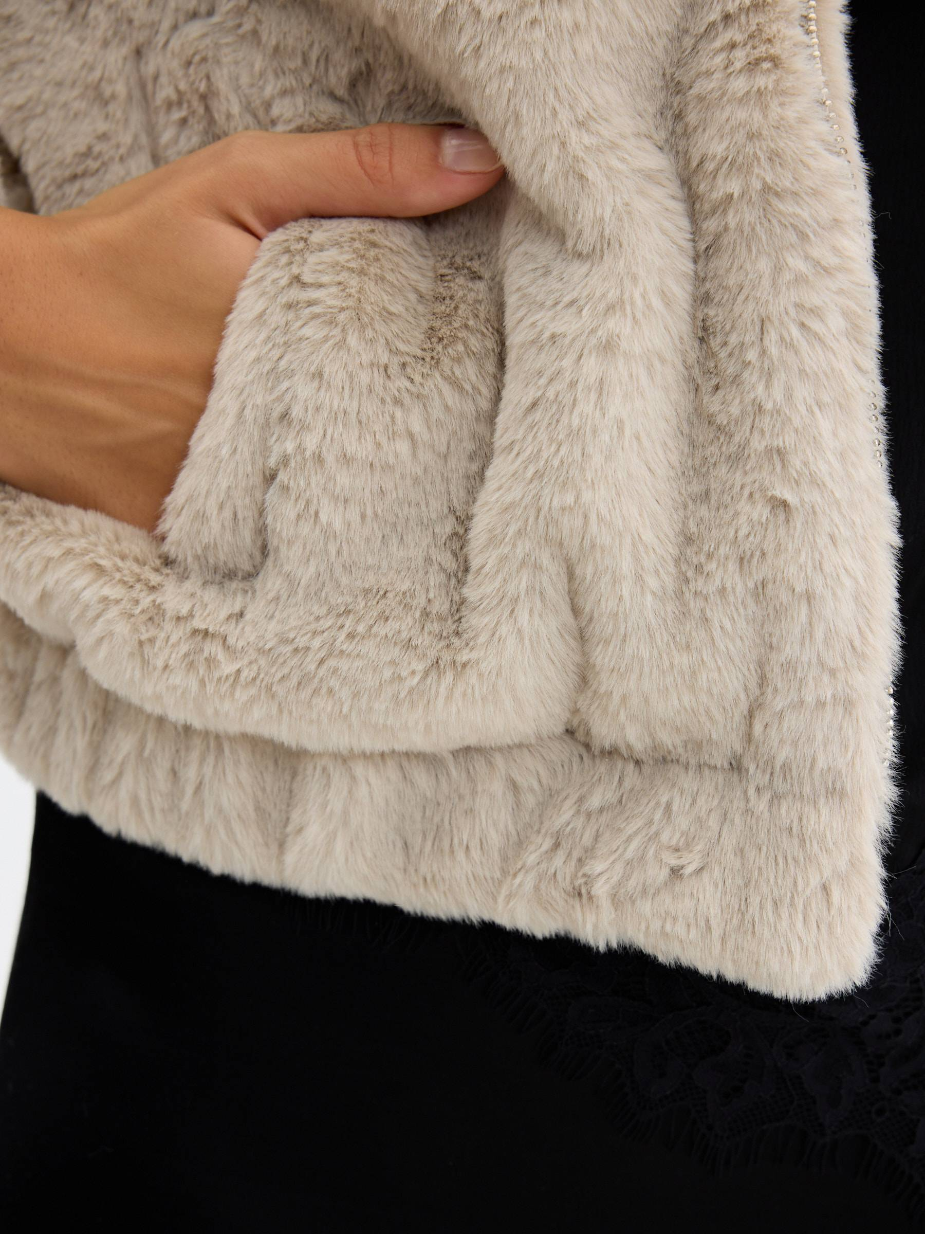 Fur hooded jacket taupe middle front view