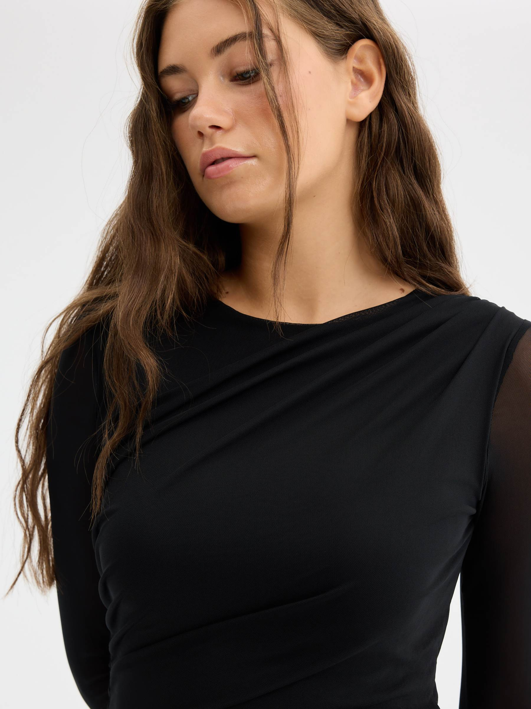 Ruched long-sleeve tulle bodysuit black middle back view