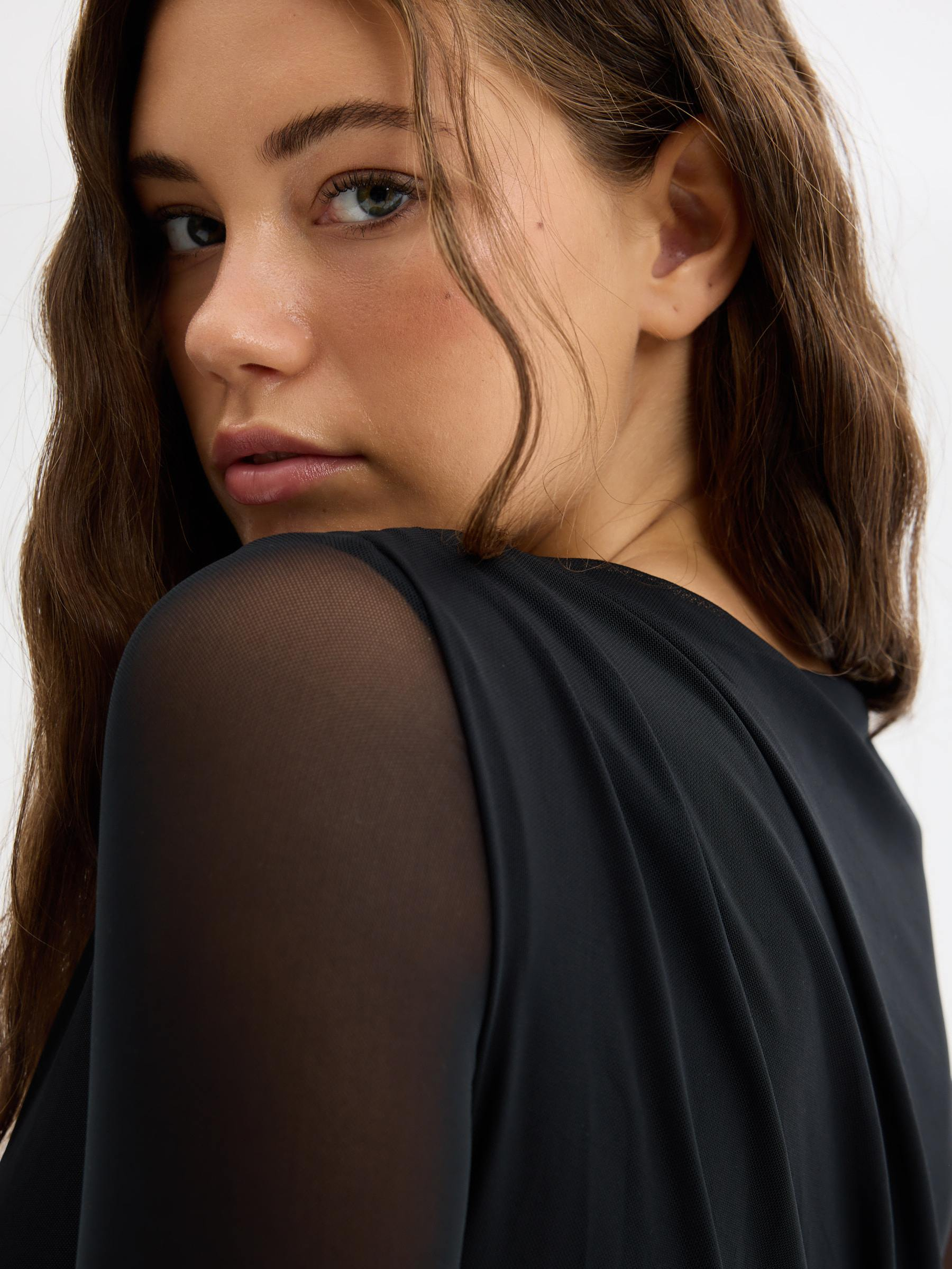 Ruched long-sleeve tulle bodysuit black middle back view