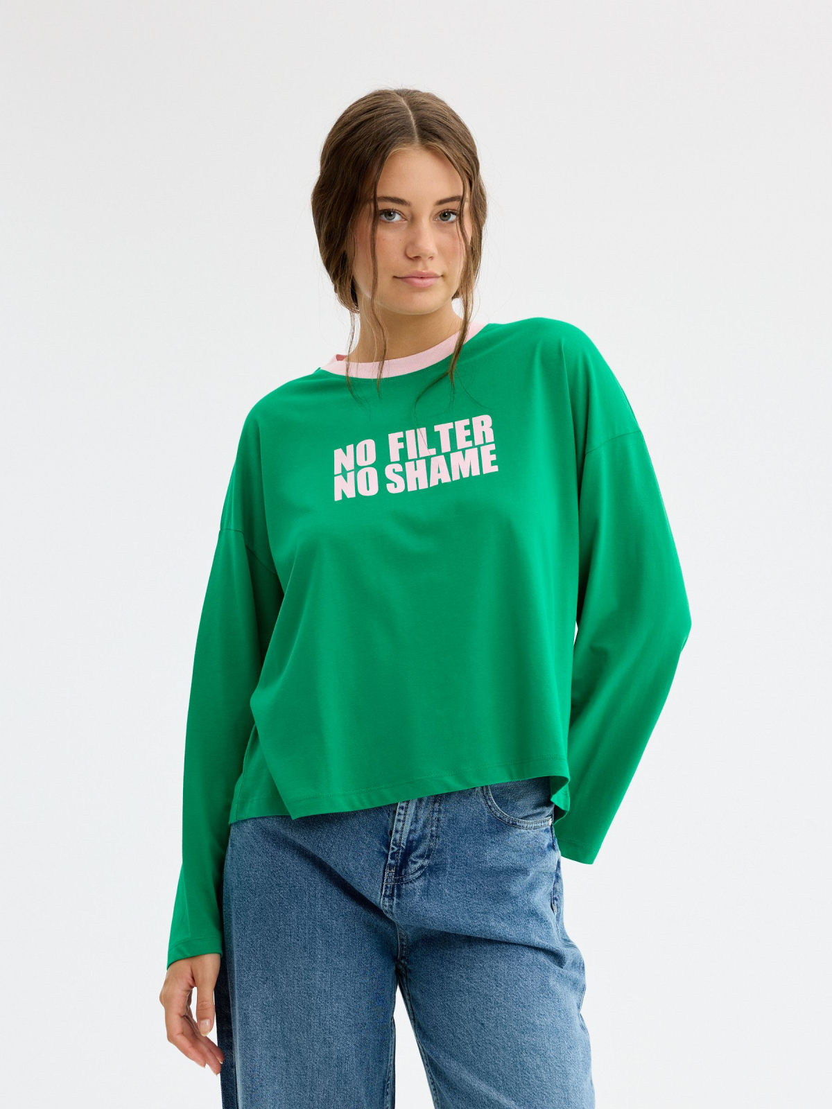 T-shirt de manga comprida no filter verde vista meia frontal