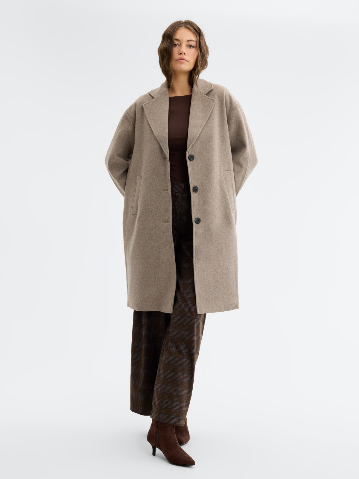 Dropped shoulder coat taupe middle front view