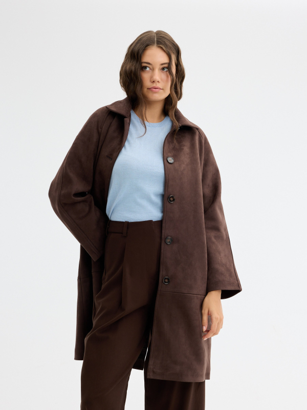 Suede effect coat chocolate middle front view