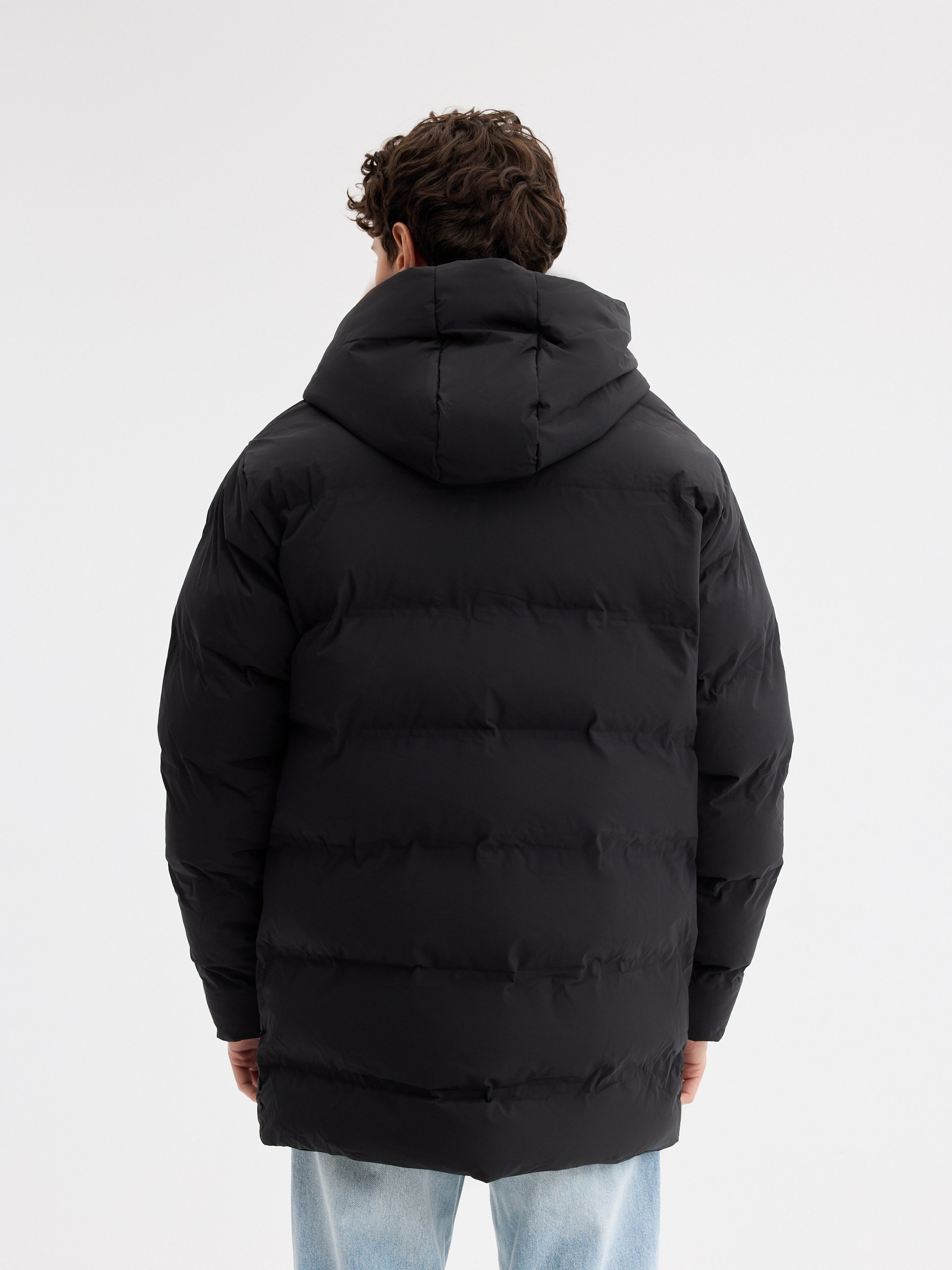 Quilted nylon hooded jacket black middle front view