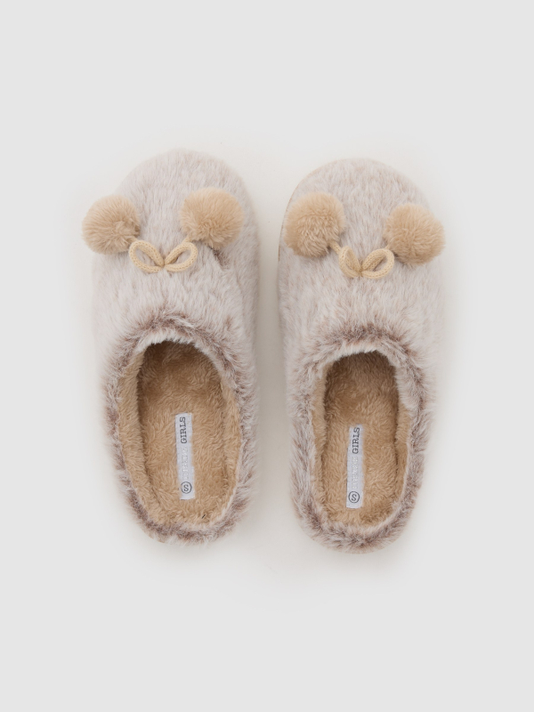 Backless slippers with pom-poms beige detail view