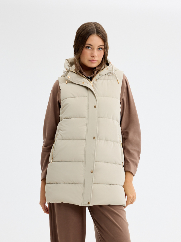 Long padded vest taupe middle front view