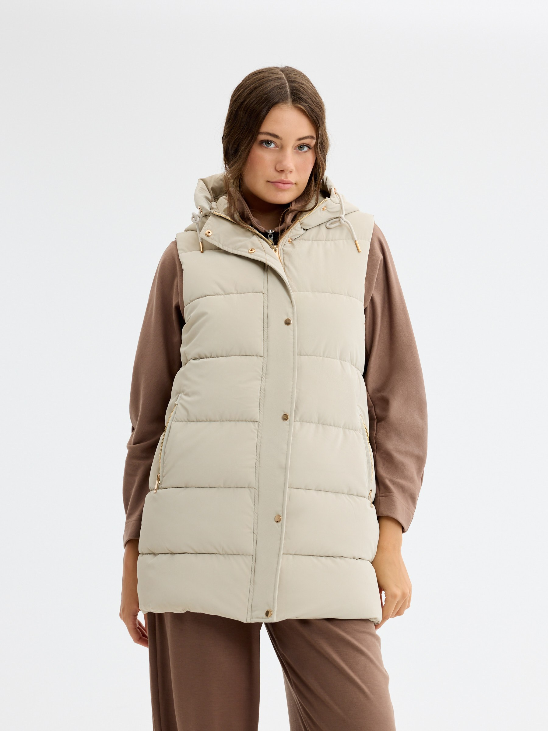 Long padded vest taupe middle front view
