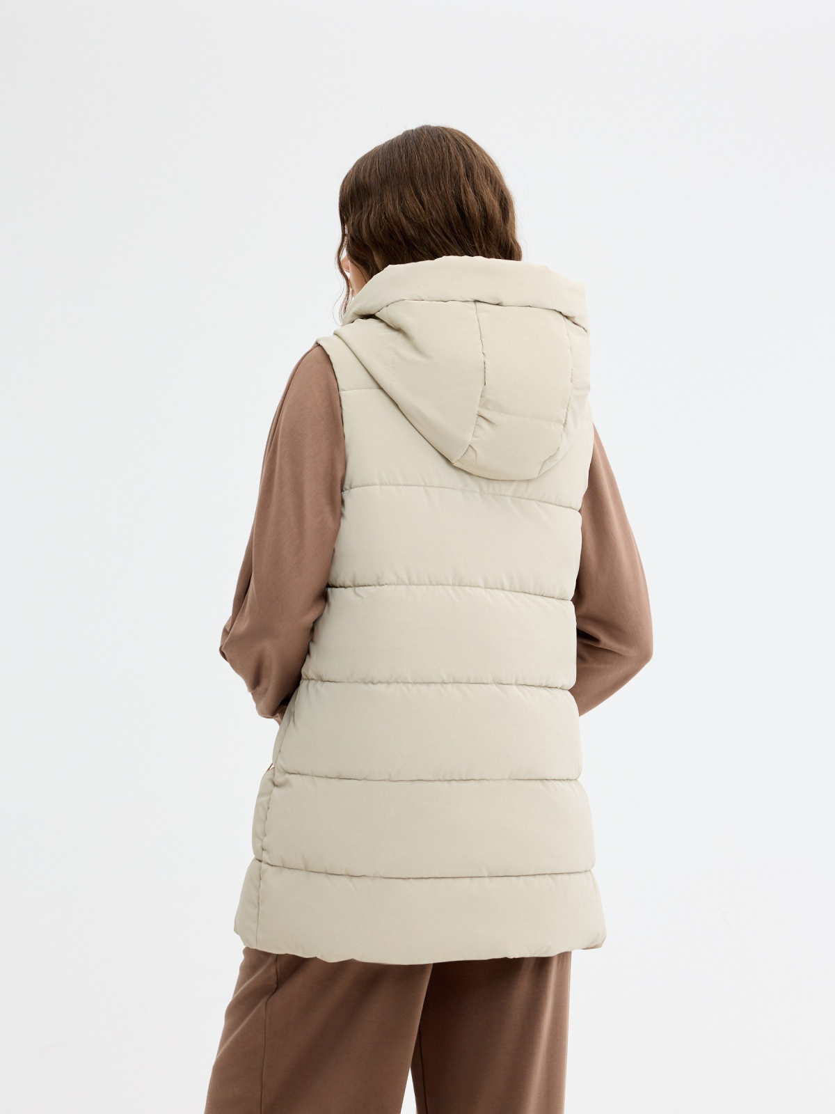 Long padded vest taupe middle back view