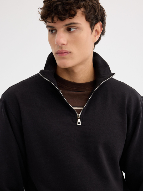 Plain zip-up mock-neck sweatshirt black detail view