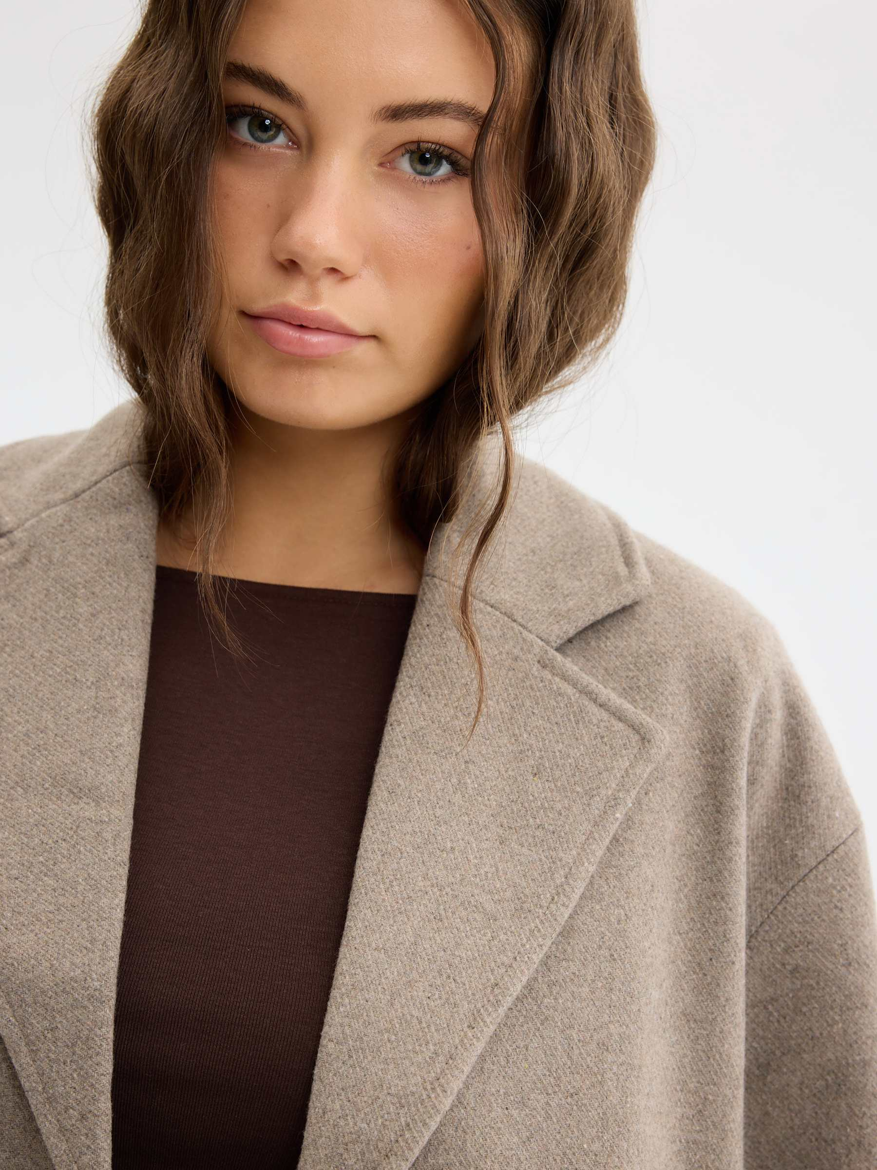Dropped shoulder coat taupe middle front view