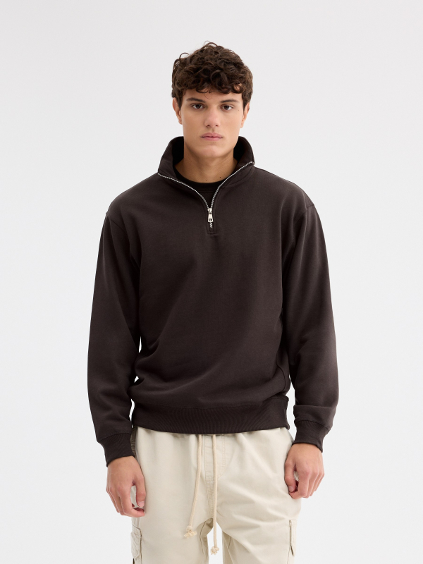 Plain zip-up mock-neck sweatshirt chocolate middle front view