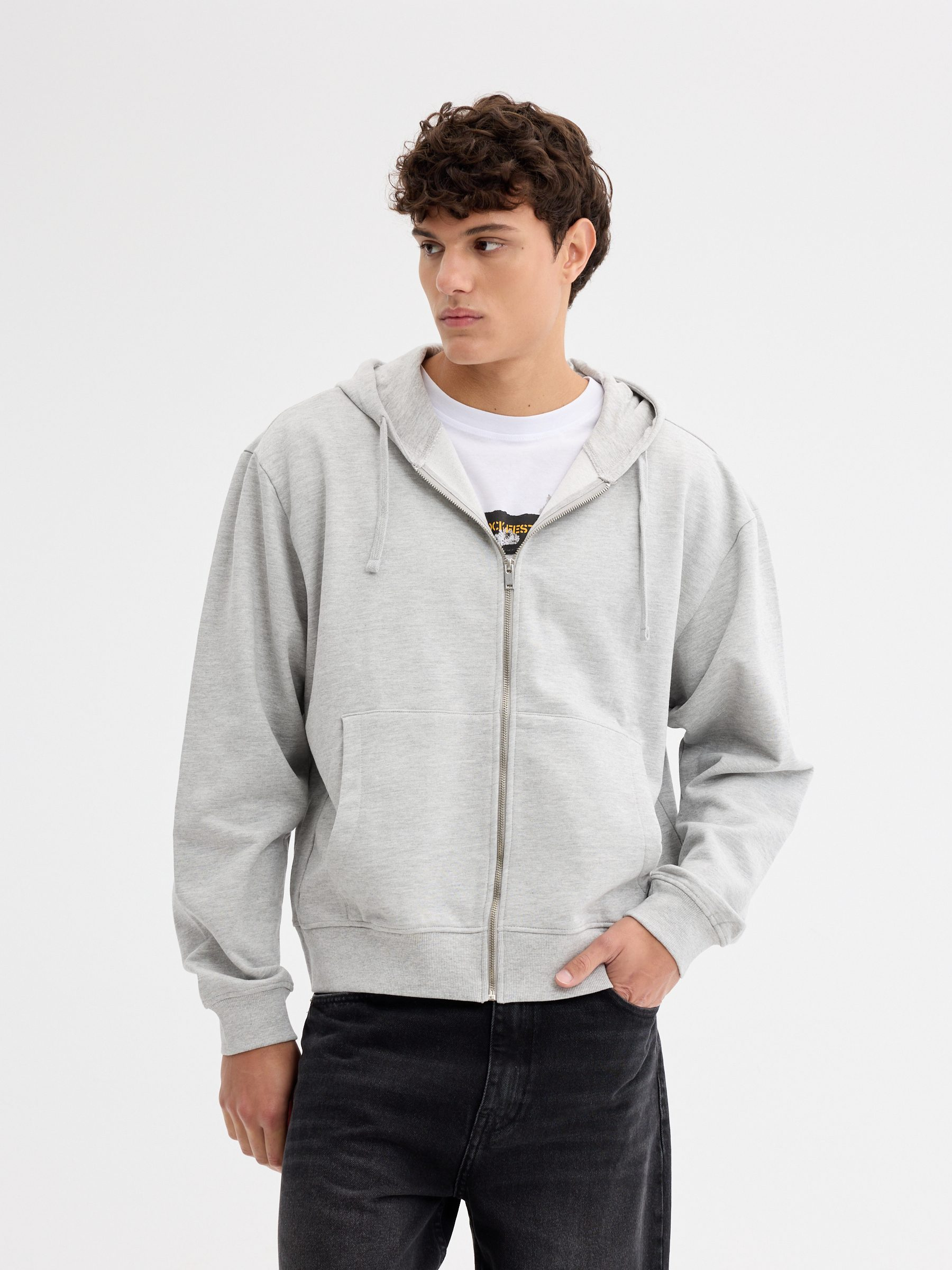 Oversized zip-up hoodie melange grey middle front view