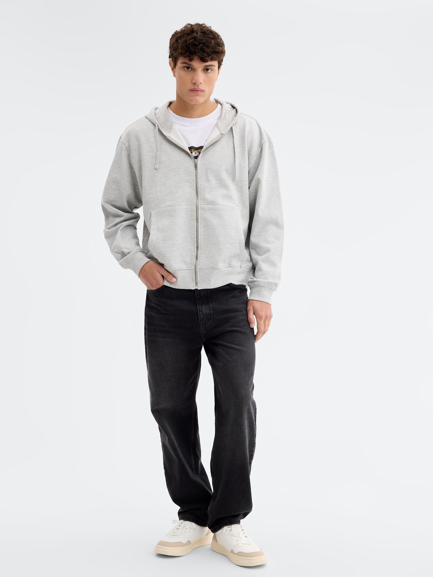 Oversized zip-up hoodie melange grey middle front view