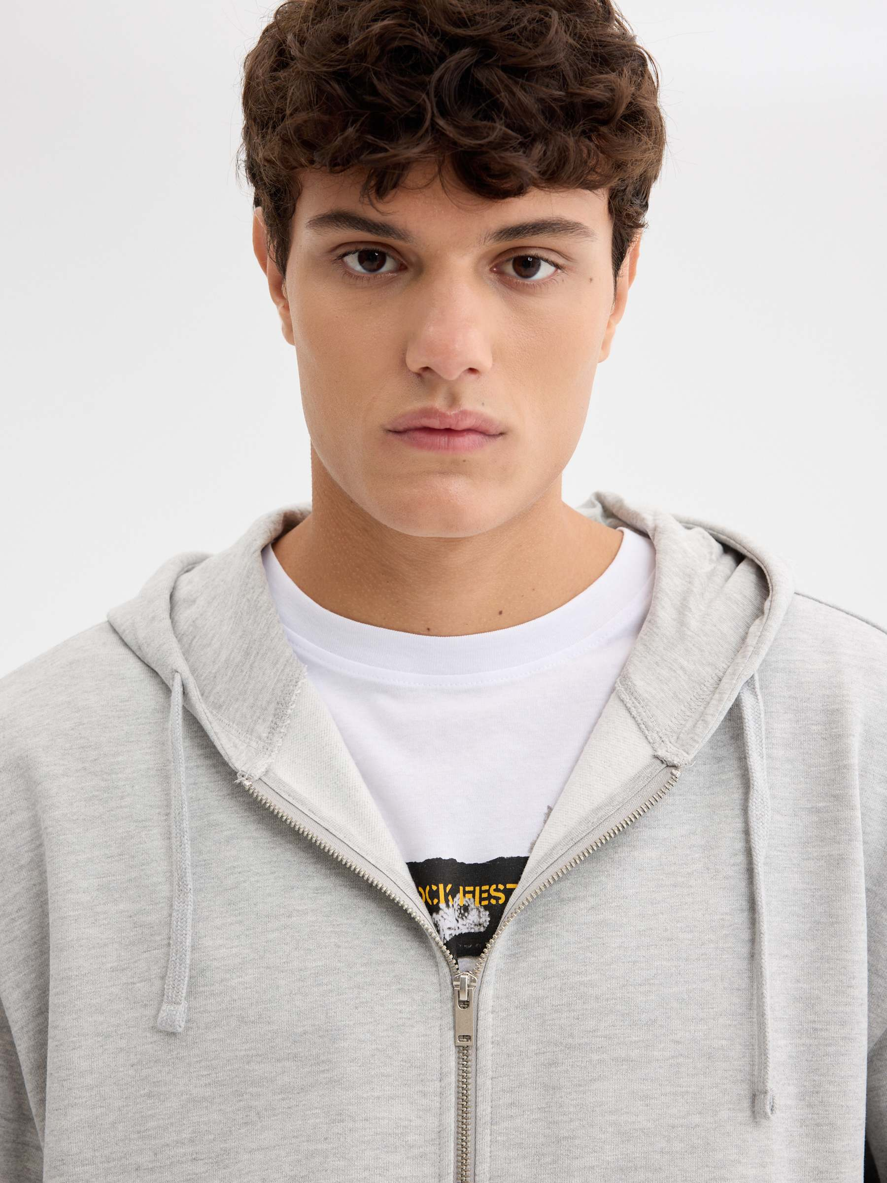 Oversized zip-up hoodie melange grey middle front view