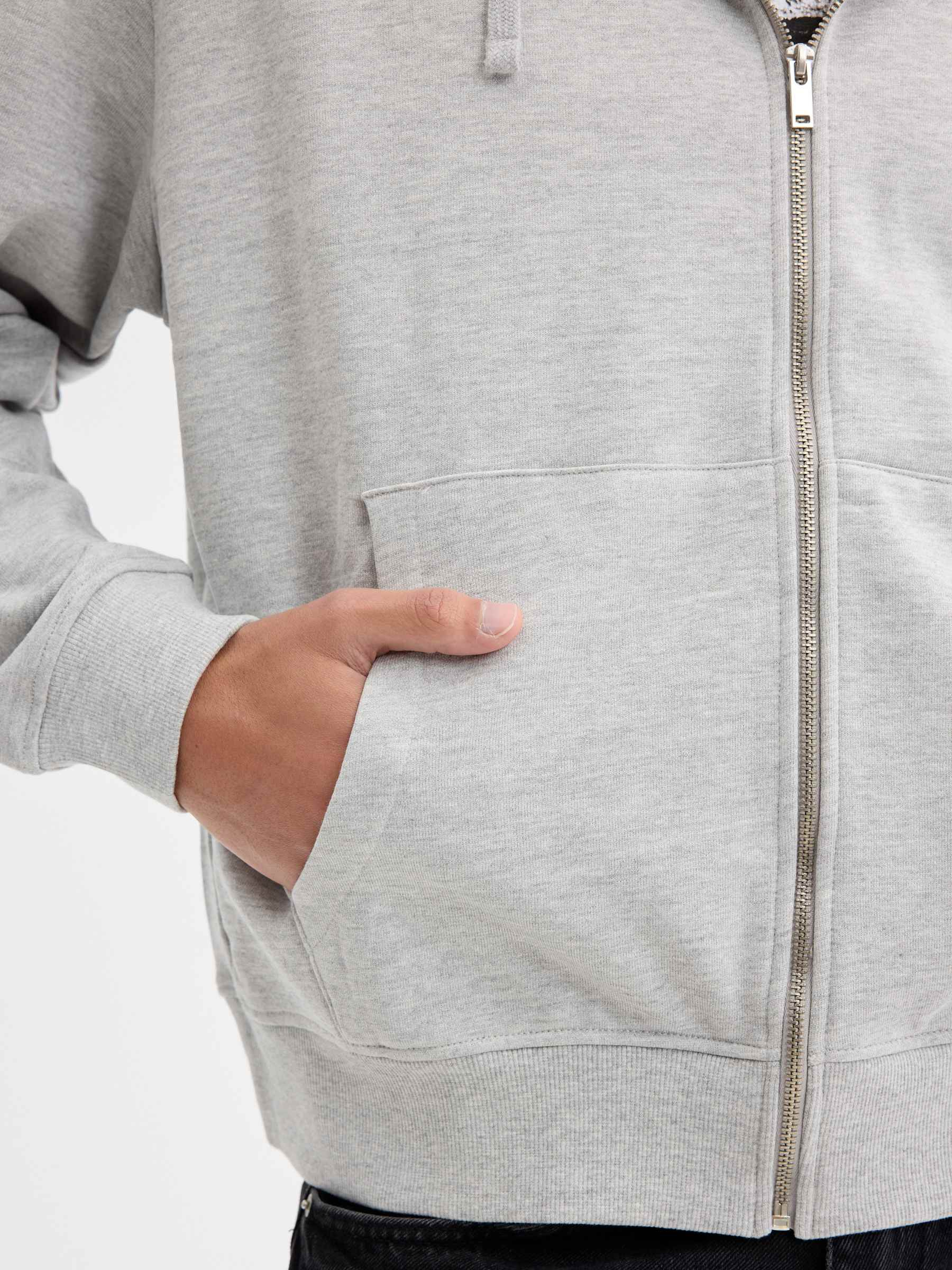 Oversized zip-up hoodie melange grey middle front view
