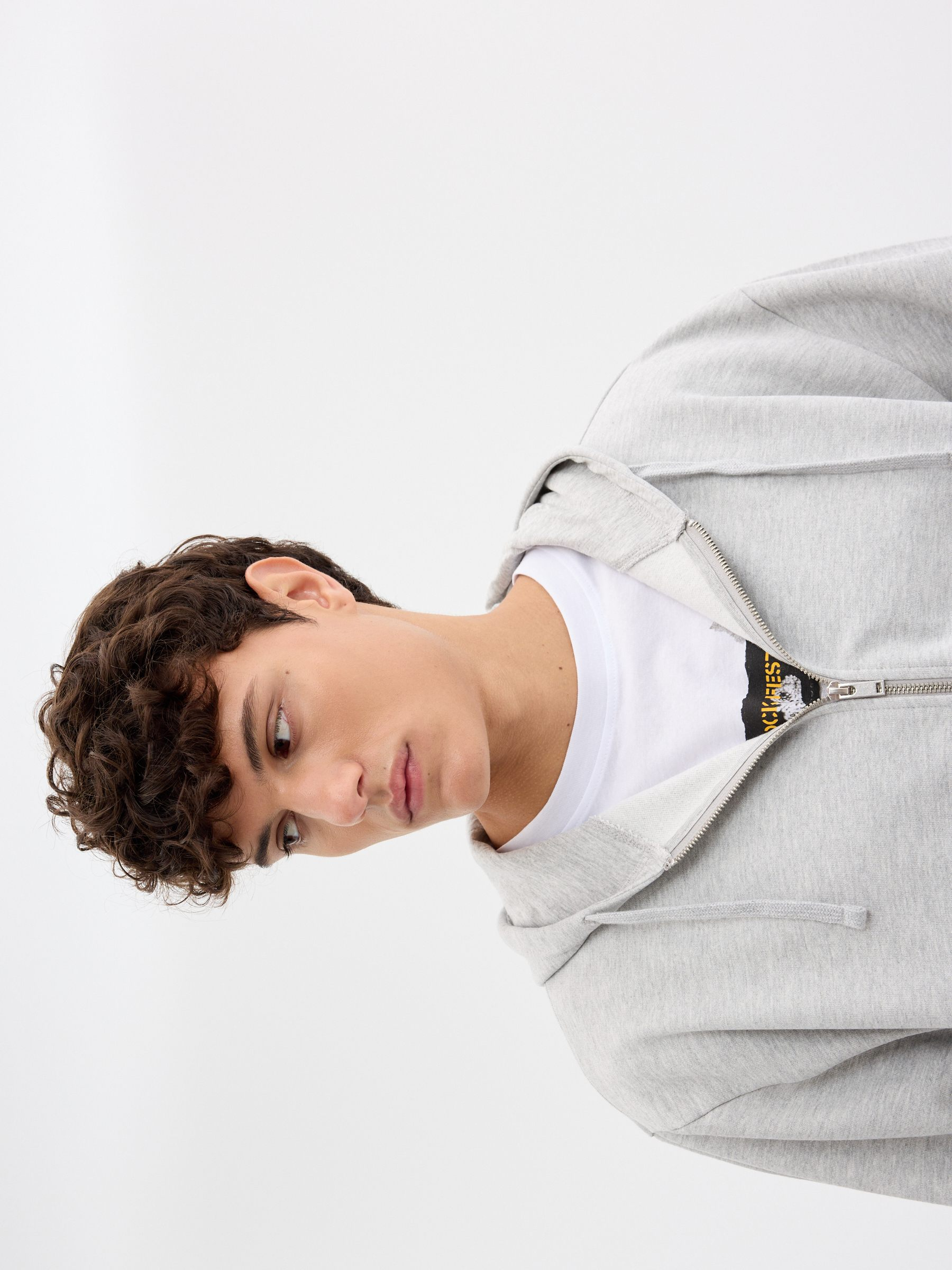 Oversized zip-up hoodie melange grey middle front view